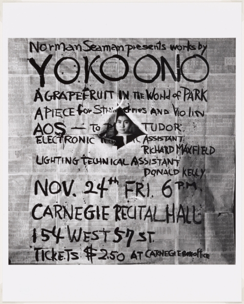 Works by Yoko Ono, poster, Carnegie Recital Hall, New York, November 24, 1961. Photograph: George Maciunas. The Museum of Modern Art, New York. The Gilbert and Lila Silverman Fluxus Collection Gift, 2008. © 2014 George Maciunas.